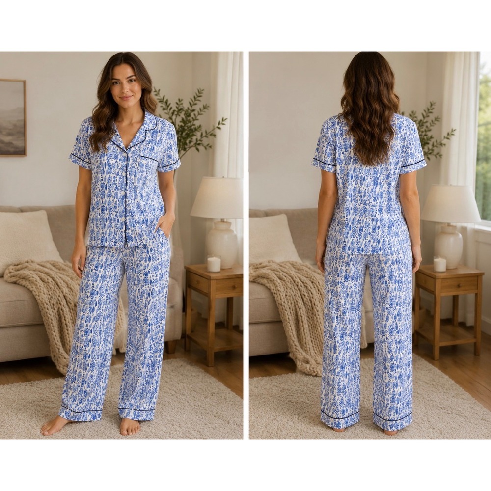 The Cat's Pajamas Blue White Ikat Damask Pima Cotton Modal Pajama Set Large
